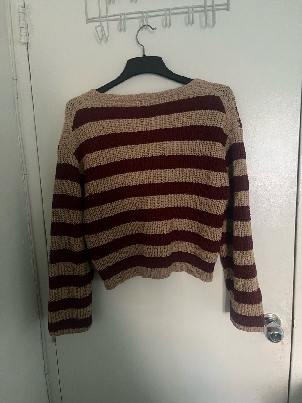 J. Crew Chunky Striped V-Neck Sweater in Burgundy and Cream - Picture 3 of 4